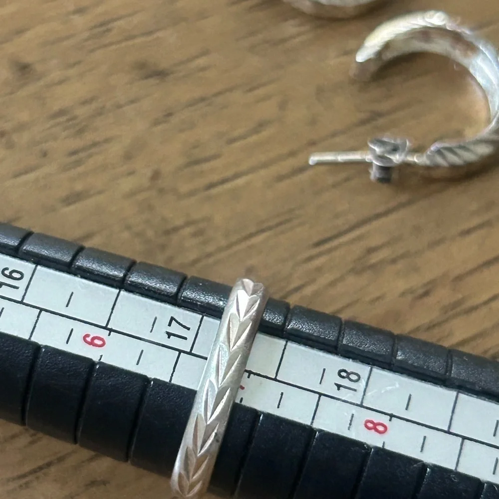 Elegant Sterling Silver Patterned Hoop Earrings and Band Ring Set